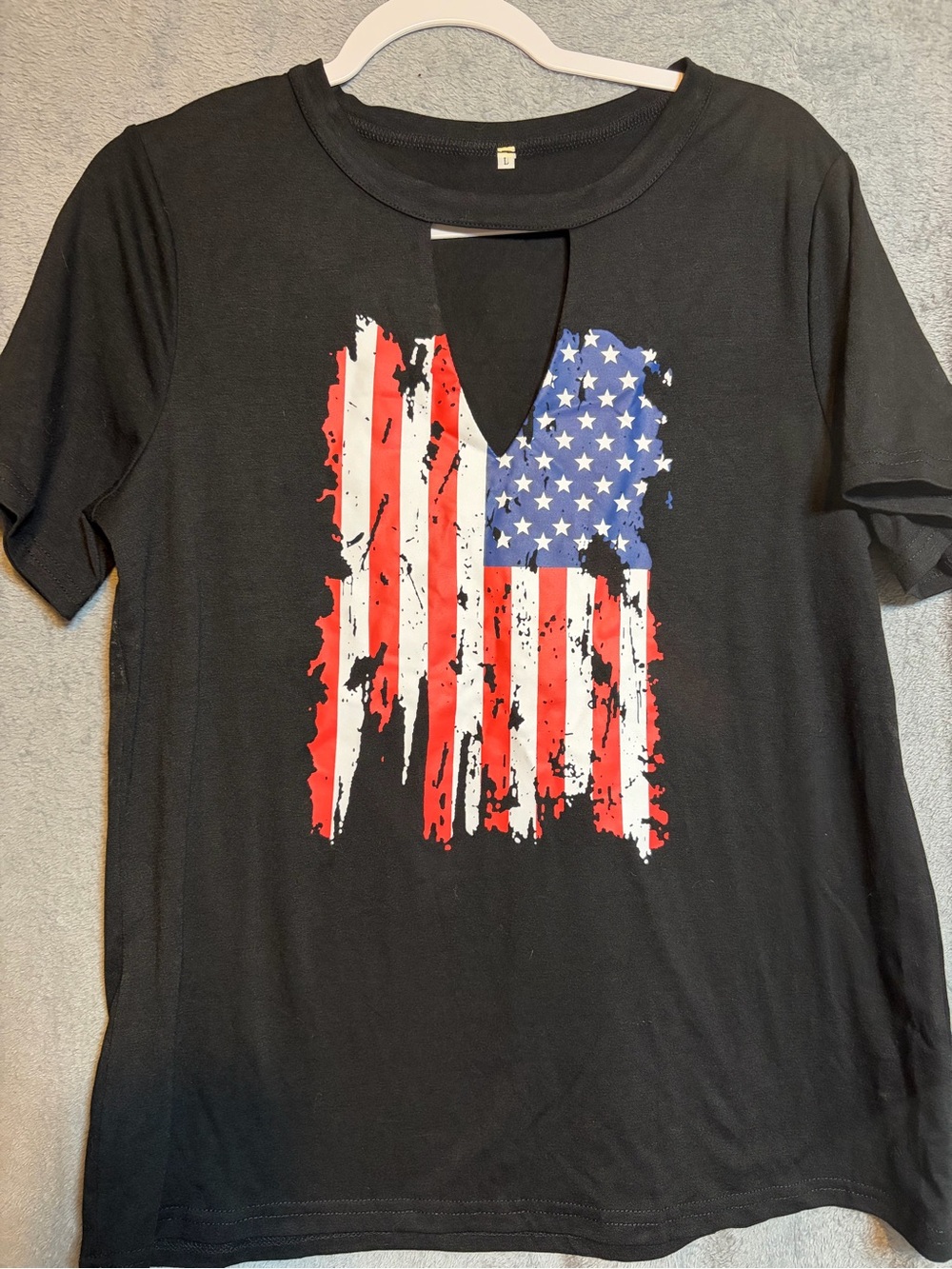 Black Short Sleeve Tee with Distressed American Flag V-Neck